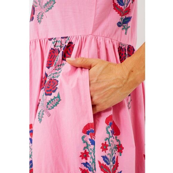 Oliphant Tuckernuck Boca Pink Puff Sleeve Maxi Midi Cotton Block Print Dress - Picture 9 of 16